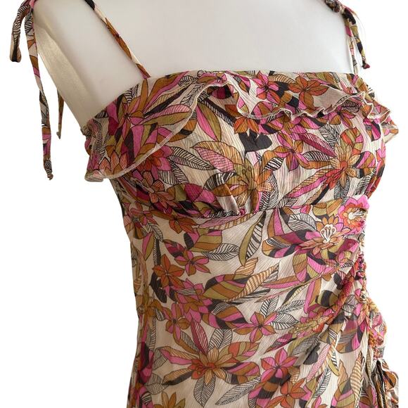 Y2K Silk Floral Ruched Top M | Vintage Ruffle Hem Tie Strap Blouse - Picture 2 of 7